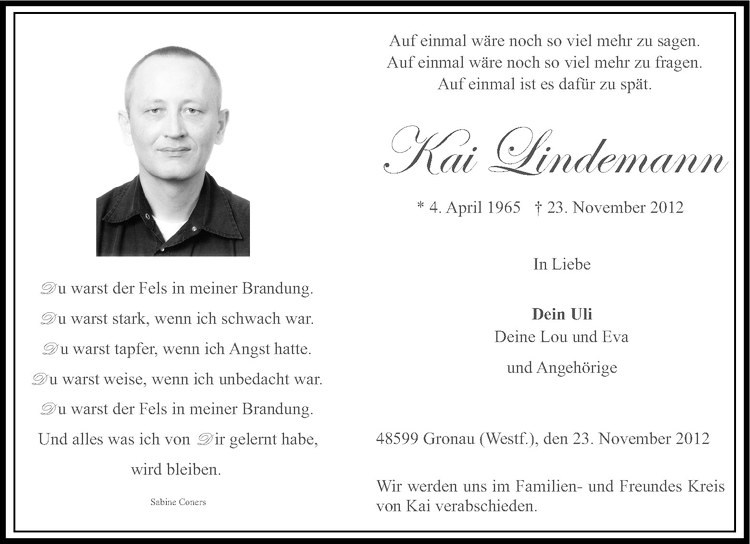  Traueranzeige für Kai Lindemann vom 27.11.2012 aus Westfälische Nachrichten