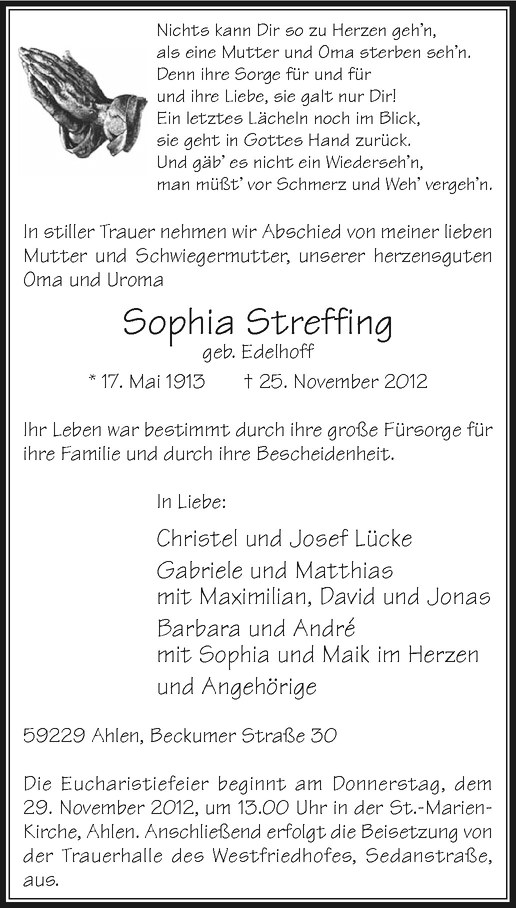  Traueranzeige für Sophia Streffing vom 27.11.2012 aus Westfälische Nachrichten