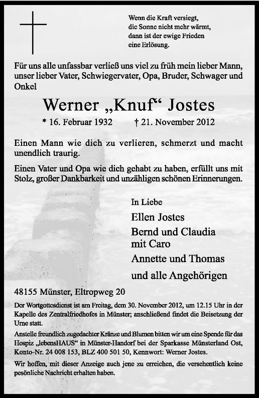  Traueranzeige für Werner Jostes vom 28.11.2012 aus Westfälische Nachrichten