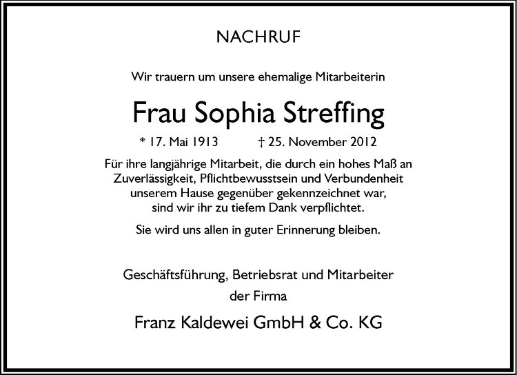  Traueranzeige für Sophia Streffing vom 29.11.2012 aus Westfälische Nachrichten