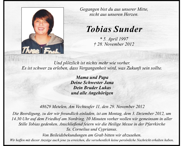  Traueranzeige für Tobias Sunder vom 30.11.2012 aus Westfälische Nachrichten