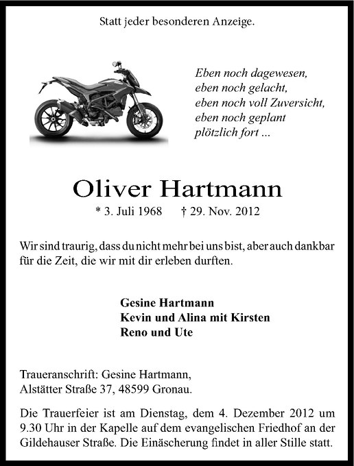  Traueranzeige für Oliver Hartmann vom 01.12.2012 aus Westfälische Nachrichten