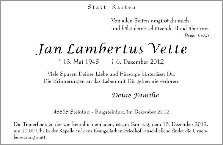  Traueranzeige für Jan Lambertus Vette vom 08.12.2012 aus Westfälische Nachrichten
