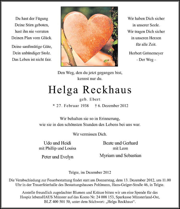  Traueranzeige für Helga Reckhaus vom 10.12.2012 aus Westfälische Nachrichten
