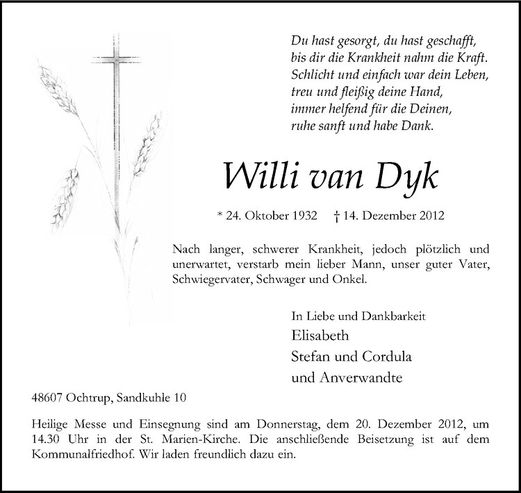  Traueranzeige für Willi van Dyk vom 17.12.2012 aus Westfälische Nachrichten