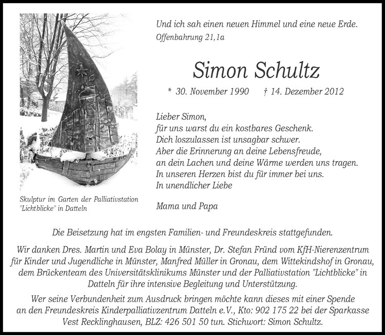  Traueranzeige für Simon Schultz vom 22.12.2012 aus Westfälische Nachrichten