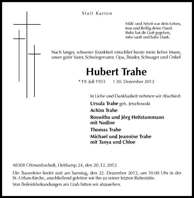  Traueranzeige für Hubert Trahe vom 21.12.2012 aus Westfälische Nachrichten