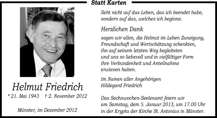  Traueranzeige für Helmut Friedrich vom 29.12.2012 aus Westfälische Nachrichten