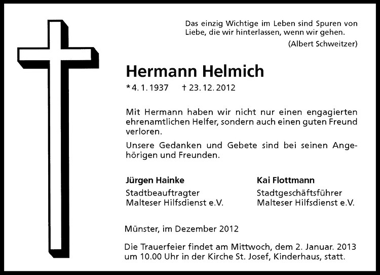  Traueranzeige für Hermann Helmich vom 29.12.2012 aus Westfälische Nachrichten