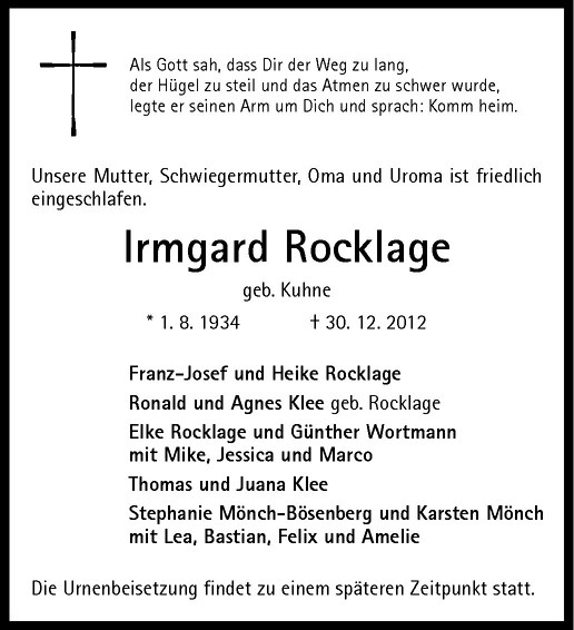 Traueranzeige für Irmgard Rocklage vom 05.01.2013 aus Westfälische Nachrichten