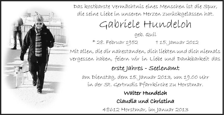  Traueranzeige für Gabriele Hundeloh vom 12.01.2013 aus Westfälische Nachrichten
