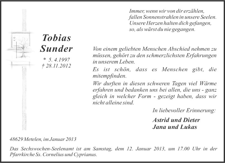  Traueranzeige für Tobias Sunder vom 09.01.2013 aus Westfälische Nachrichten