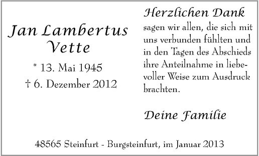  Traueranzeige für Jan Lambertus Vette vom 17.01.2013 aus Westfälische Nachrichten
