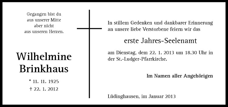  Traueranzeige für Wilhelmine Brinkhaus vom 19.01.2013 aus Westfälische Nachrichten