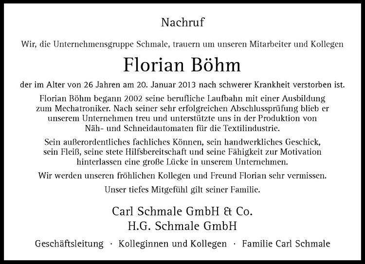  Traueranzeige für Florian Böhm vom 23.01.2013 aus Westfälische Nachrichten