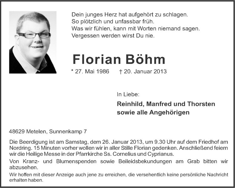  Traueranzeige für Florian Böhm vom 24.01.2013 aus Westfälische Nachrichten