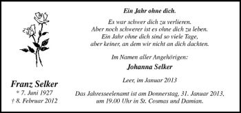 Anzeige von Franz Selker von Westfälische Nachrichten