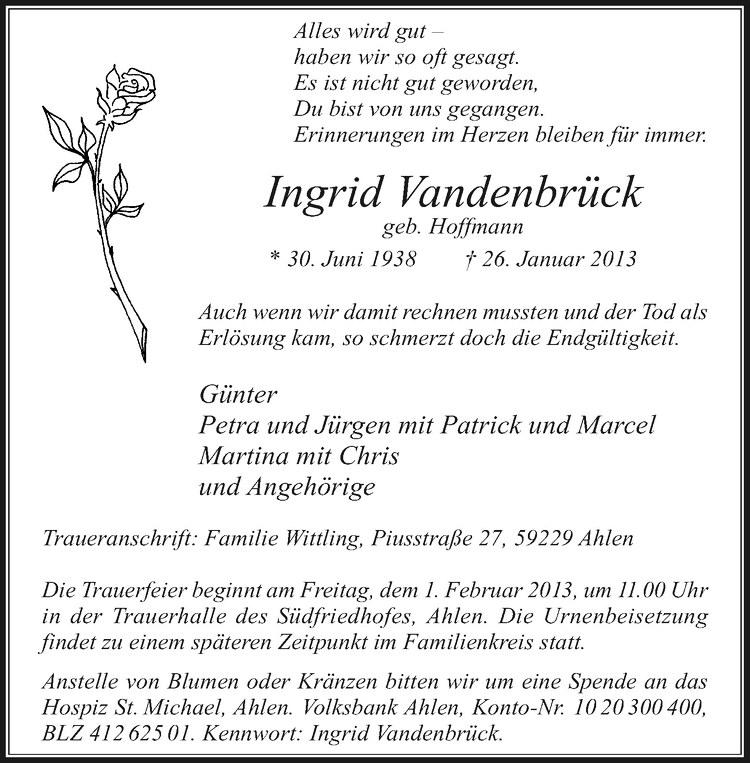  Traueranzeige für Ingrid Vandenbrück vom 30.01.2013 aus Westfälische Nachrichten