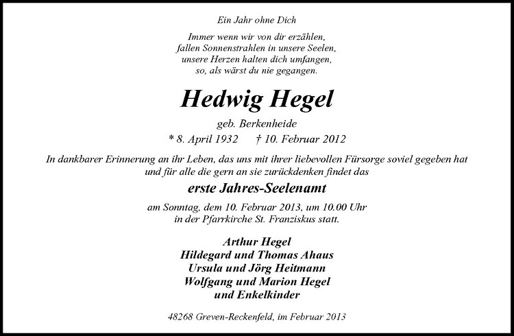  Traueranzeige für Hedwig Hegel vom 02.02.2013 aus Westfälische Nachrichten