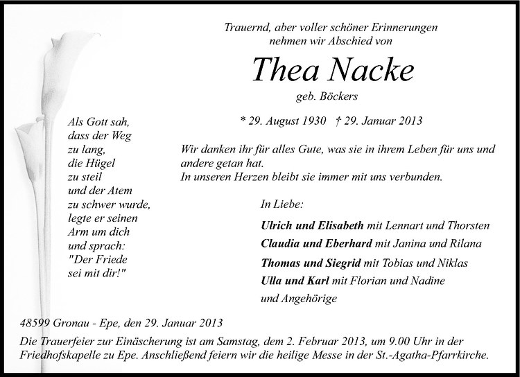  Traueranzeige für Thea Nacke vom 31.01.2013 aus Westfälische Nachrichten