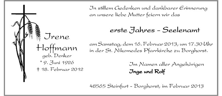  Traueranzeige für Irene Hoffmann vom 09.02.2013 aus Westfälische Nachrichten
