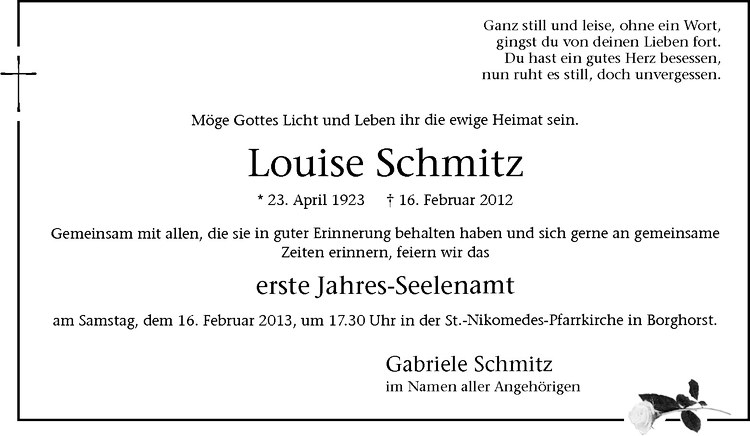  Traueranzeige für Louise Schmitz vom 09.02.2013 aus Westfälische Nachrichten