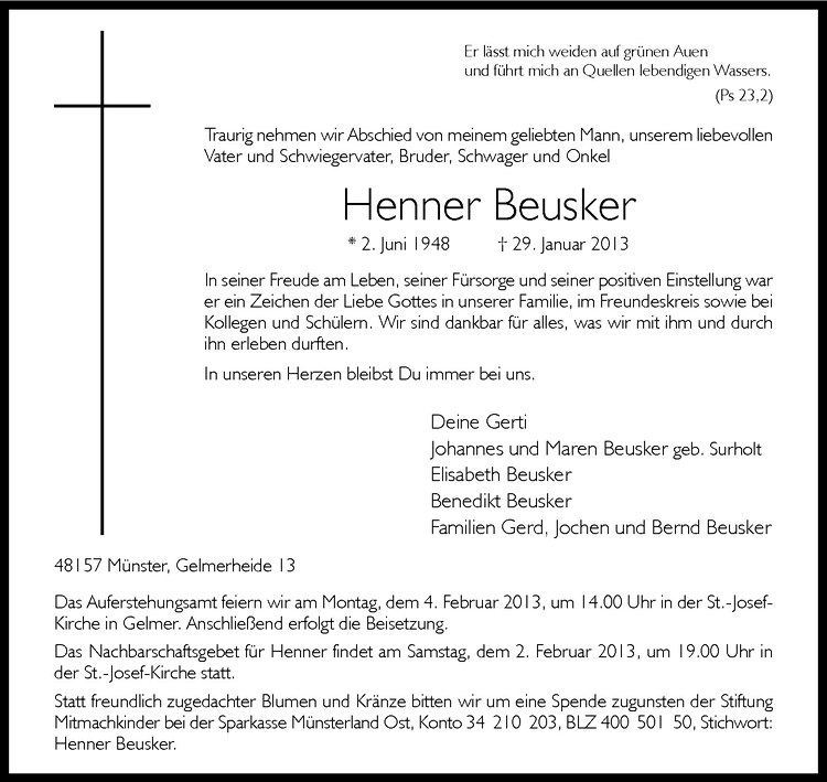  Traueranzeige für Henner Beusker vom 31.01.2013 aus Westfälische Nachrichten