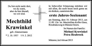 Anzeige von Mechthild Krawinkel von Westfälische Nachrichten