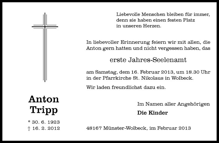  Traueranzeige für Anton Tripp vom 09.02.2013 aus Westfälische Nachrichten