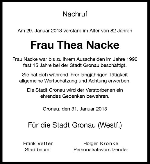  Traueranzeige für Thea Nacke vom 02.02.2013 aus Westfälische Nachrichten