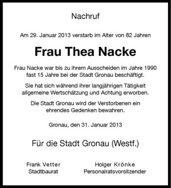 Anzeige von Thea Nacke von Westfälische Nachrichten
