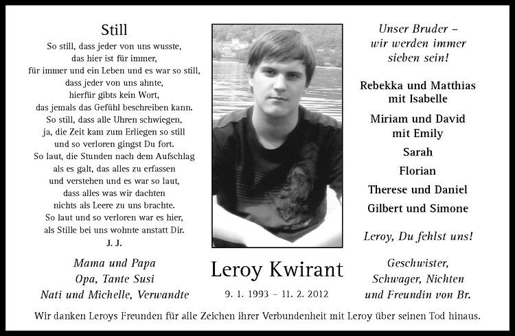  Traueranzeige für Leroy Kwirant vom 11.02.2013 aus Westfälische Nachrichten