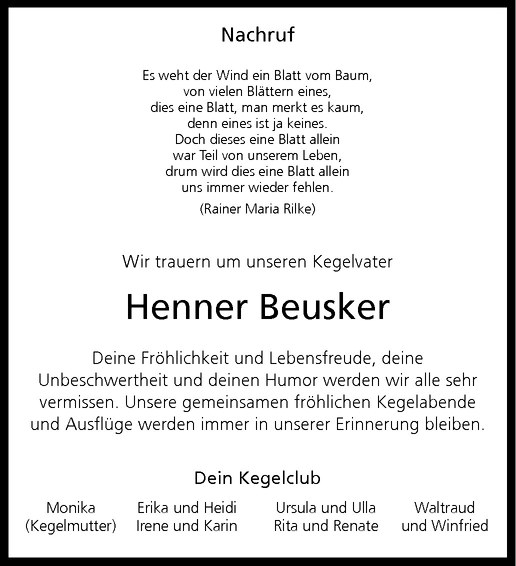  Traueranzeige für Henner Beusker vom 09.02.2013 aus Westfälische Nachrichten