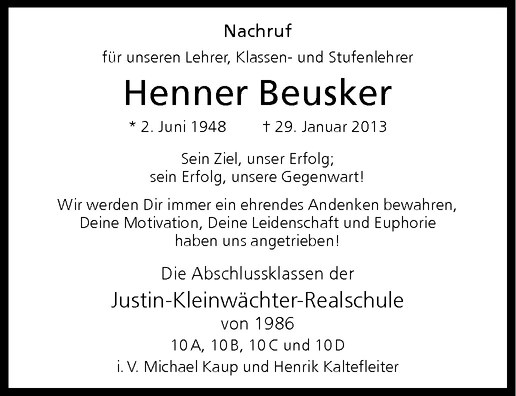  Traueranzeige für Henner Beusker vom 07.02.2013 aus Westfälische Nachrichten
