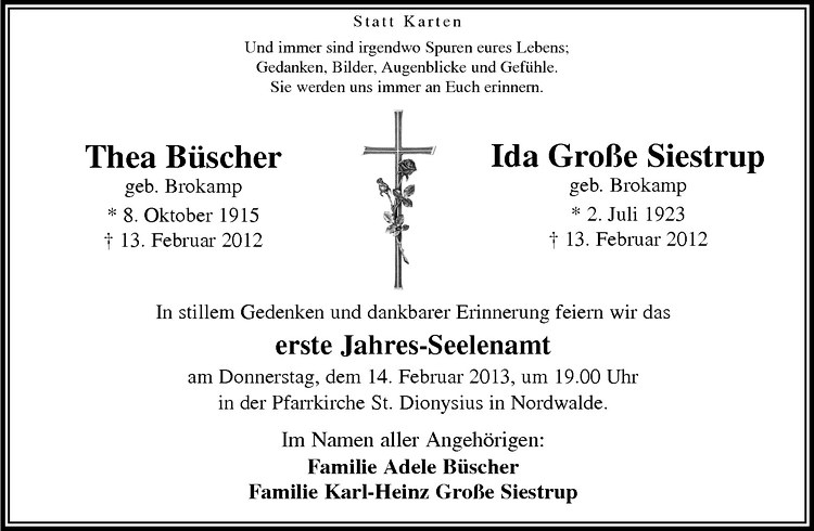  Traueranzeige für Ida Große Siestrup vom 09.02.2013 aus Westfälische Nachrichten