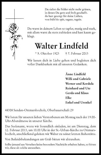 Anzeige von Walter Lindfeld von Westfälische Nachrichten