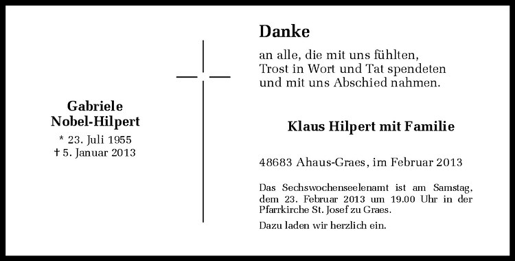  Traueranzeige für Gabriele Nobel-Hilpert vom 20.02.2013 aus Westfälische Nachrichten