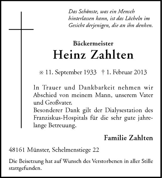  Traueranzeige für Heinz Zahlten vom 13.02.2013 aus Westfälische Nachrichten