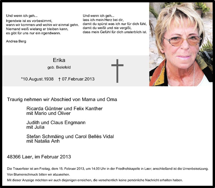  Traueranzeige für Erika Hindersmann vom 11.02.2013 aus Westfälische Nachrichten