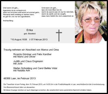 Anzeige von Erika Hindersmann von Westfälische Nachrichten