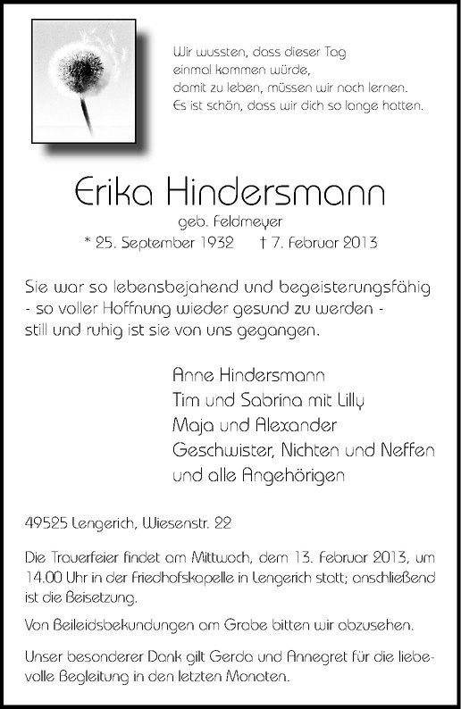  Traueranzeige für Erika Hindersmann vom 11.02.2013 aus Westfälische Nachrichten