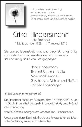 Anzeige von Erika Hindersmann von Westfälische Nachrichten