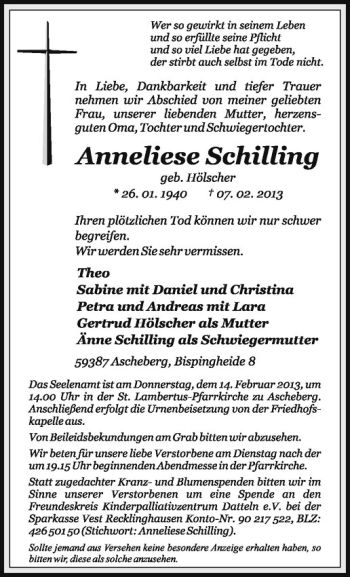 Anzeige von Anneliese Schilling von Westfälische Nachrichten