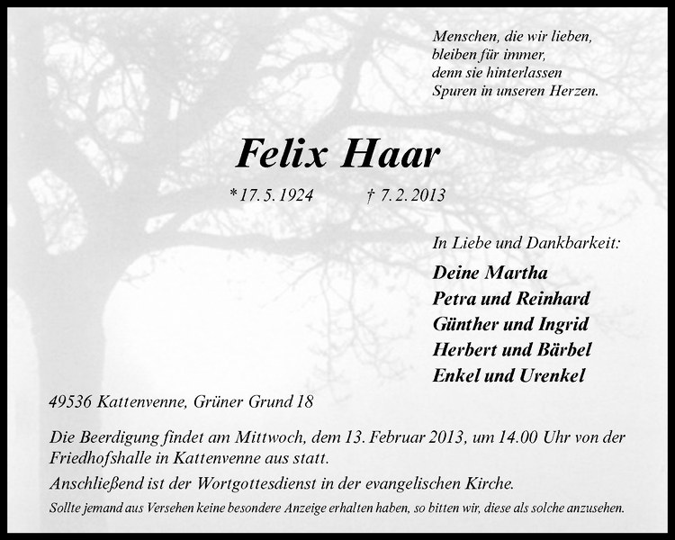  Traueranzeige für Felix Haar vom 11.02.2013 aus Westfälische Nachrichten