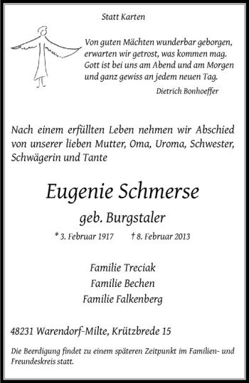 Anzeige von Eugenie Schmerse von Westfälische Nachrichten
