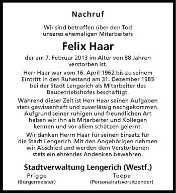 Anzeige von Felix Haar von Westfälische Nachrichten