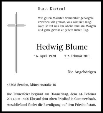 Anzeige von Hedwig Blume von Westfälische Nachrichten
