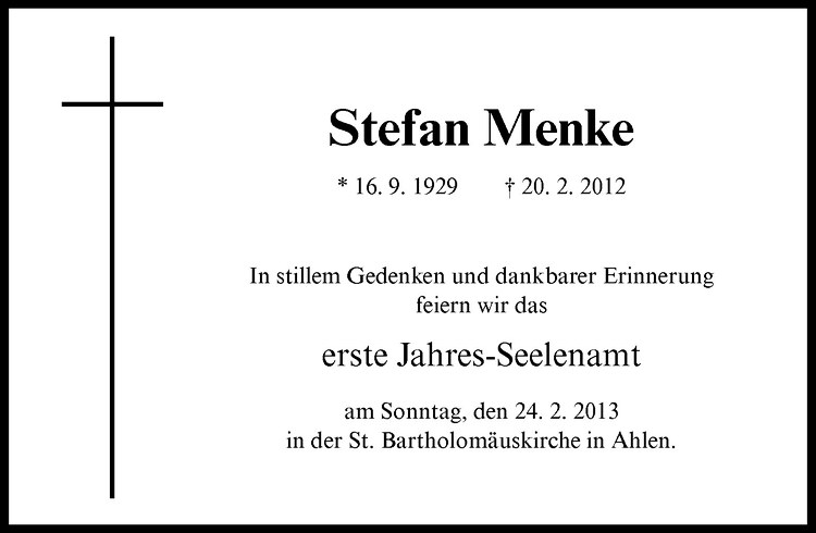  Traueranzeige für Stefan Menke vom 16.02.2013 aus Westfälische Nachrichten