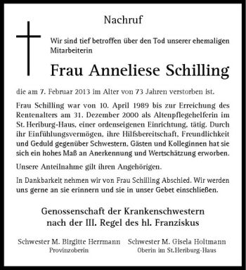Anzeige von Anneliese Schilling von Westfälische Nachrichten