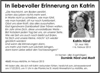 Anzeige von Katrin Hörst von Westfälische Nachrichten